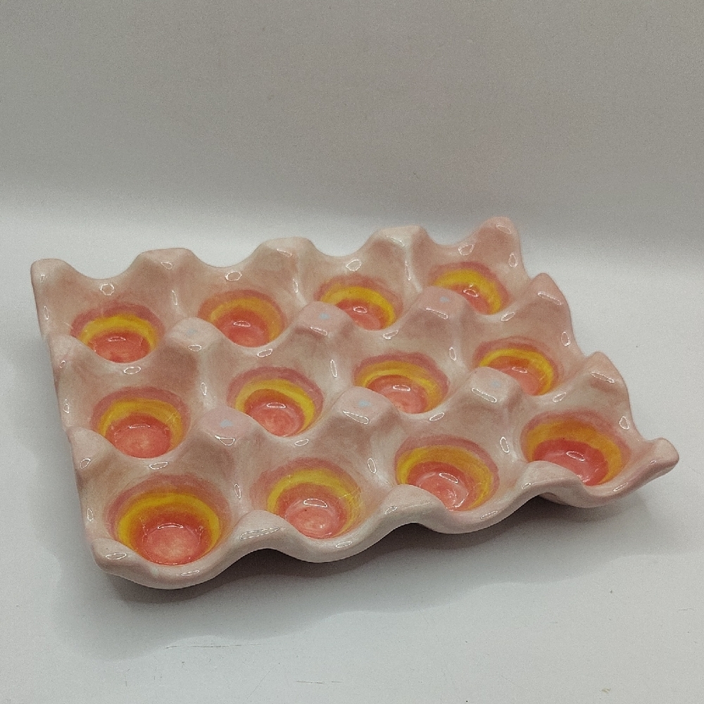 Hobbyist Pottery Pink Dozen Egg Holder Tray with Yellow Accent - Home Art